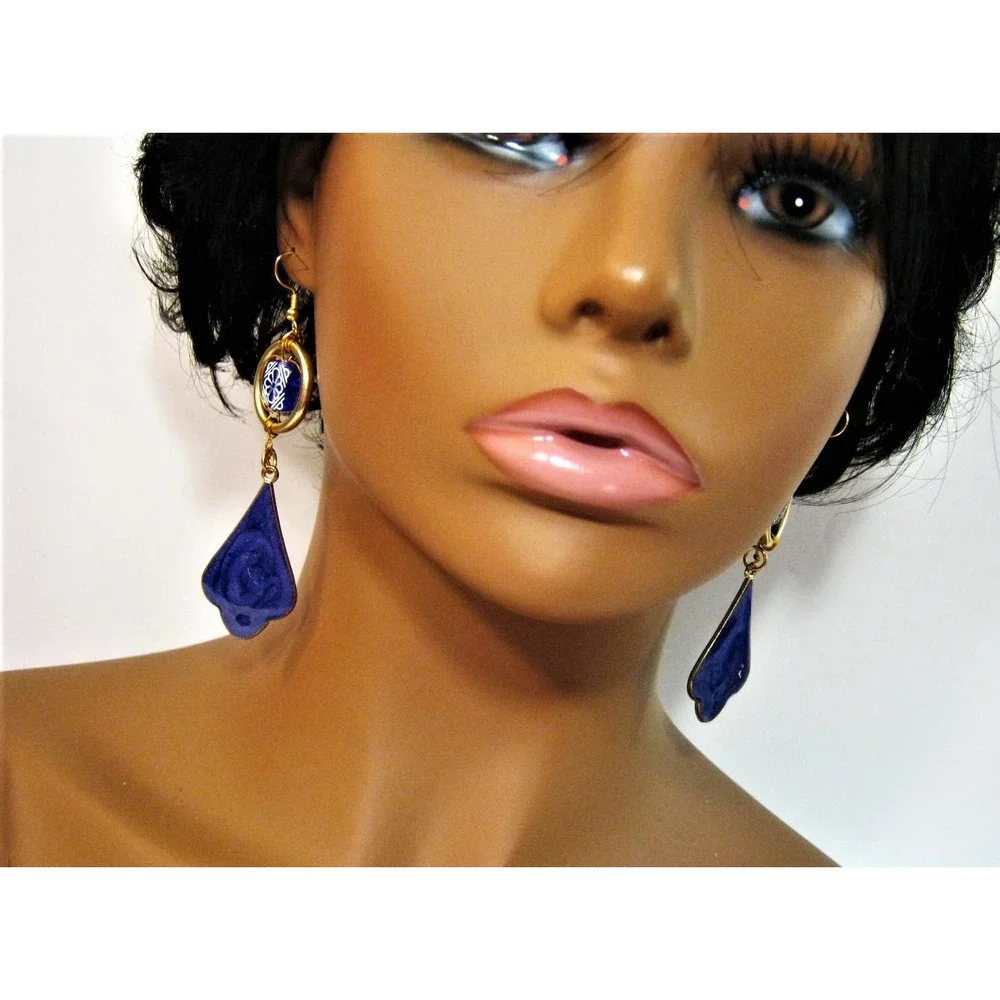 Purple Gold Enameled metal Vintage Bead accent Drop Earrings 3 inch long